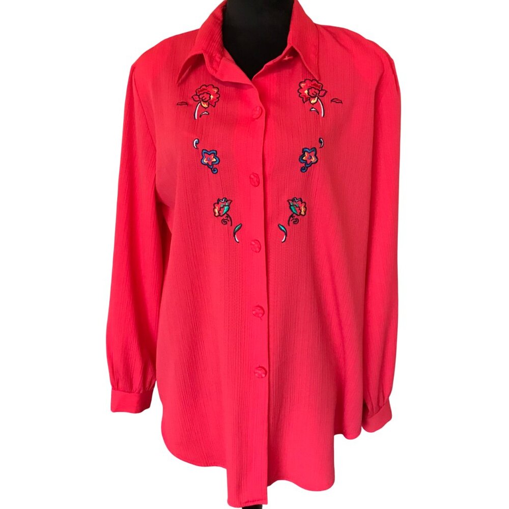 Crepe Floral Embroidered Blouse VTG 70s G.W. Division of Graff, Coral Tunic 14